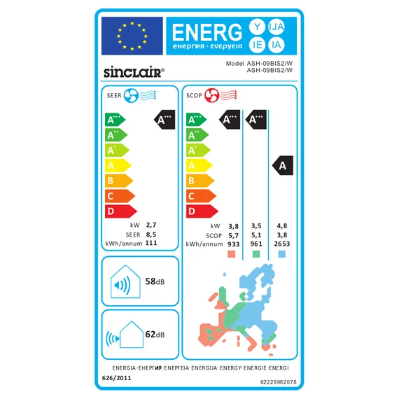 Sinclair Spectrum Plus ASH-09BIS2/W oldalfali inverteres klíma 2,7 kW energiahatékonysági tanusítvány