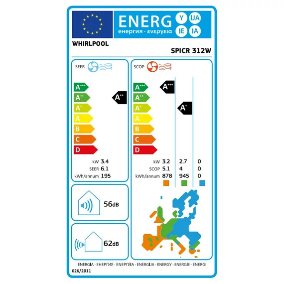 Whirlpool SPICR 312W Inverteres Split klíma 3,5 kW energiacímke