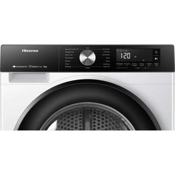 Hisense hőszivattyús szárítógép A+++, Wi-Fi, 9 kg, 64 dB, Inverter motor (DH3S902BW3)