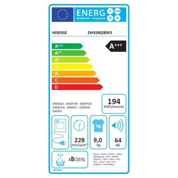 Hisense hőszivattyús szárítógép A+++, Wi-Fi, 9 kg, 64 dB, Inverter motor (DH3S902BW3) Energiacímke